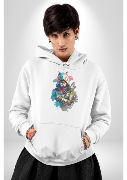 Kedi Assassin's Creed  Kadın Erkek  Beyaz Kapüşonlu Sweatshirt Hoodie