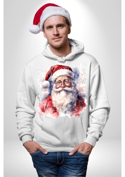 Mutlu Noel Baba Yeni Yıl Tasarımı Kadın Erkek  Beyaz Kapüşonlu Sweatshirt Hoodie