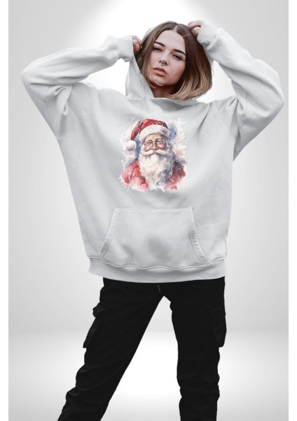 Mutlu Noel Baba Yeni Yıl Tasarımı Kadın Erkek  Beyaz Kapüşonlu Sweatshirt Hoodie