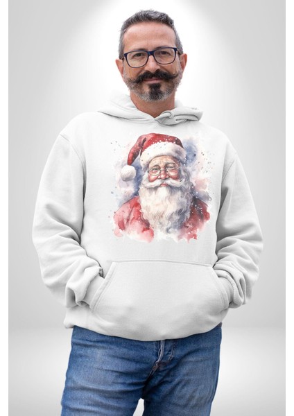 Mutlu Noel Baba Yeni Yıl Tasarımı Kadın Erkek  Beyaz Kapüşonlu Sweatshirt Hoodie