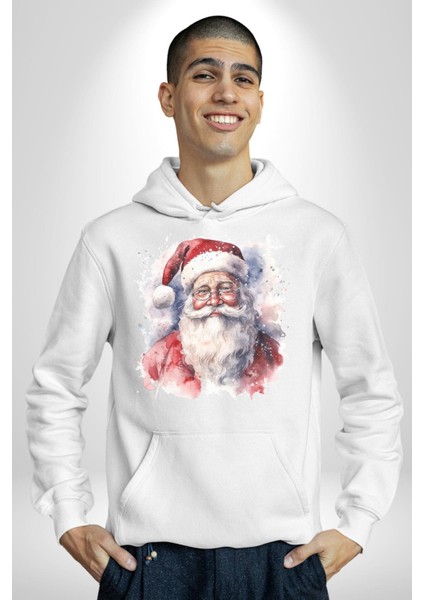 Mutlu Noel Baba Yeni Yıl Tasarımı Kadın Erkek  Beyaz Kapüşonlu Sweatshirt Hoodie