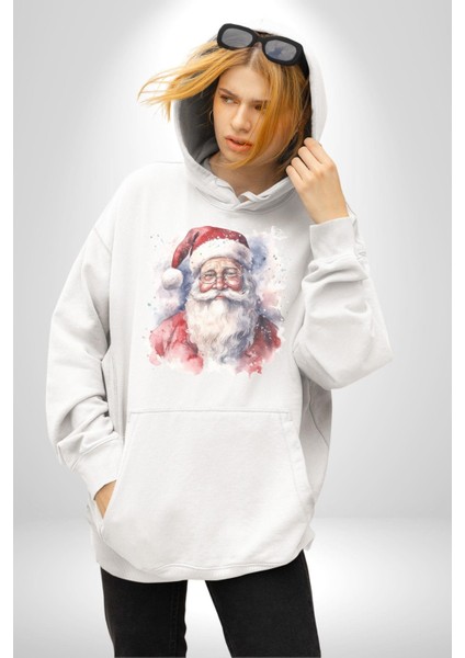 Mutlu Noel Baba Yeni Yıl Tasarımı Kadın Erkek  Beyaz Kapüşonlu Sweatshirt Hoodie