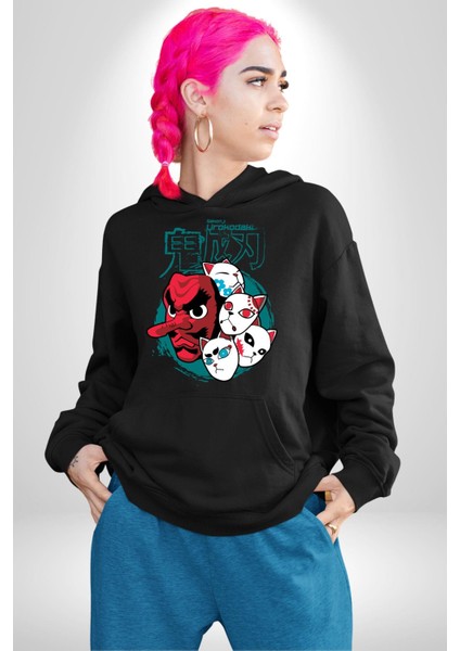 Japon Anime Tengu Maske Kadın Erkek Siyah Kapüşonlu Sweatshirt Hoodie