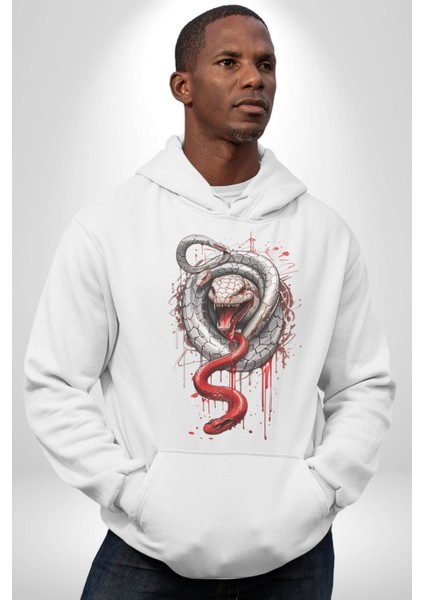 Beyaz ve Kırmızı Yılan Kadın Erkek Beyaz Kapüşonlu Sweatshirt Hoodie fiyatları