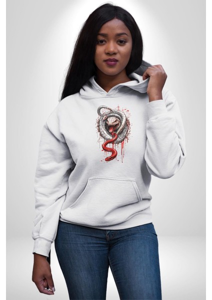 Beyaz ve Kırmızı Yılan Kadın Erkek Beyaz Kapüşonlu Sweatshirt Hoodie modelleri