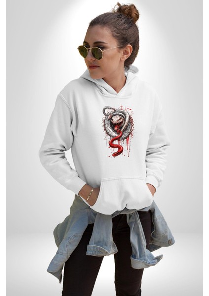 Beyaz ve Kırmızı Yılan Kadın Erkek Beyaz Kapüşonlu Sweatshirt Hoodie fırsatları