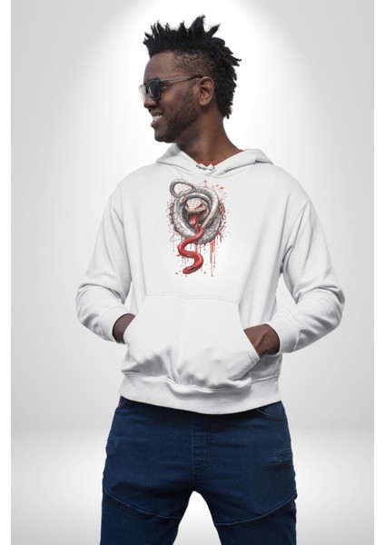 Beyaz ve Kırmızı Yılan Kadın Erkek Beyaz Kapüşonlu Sweatshirt Hoodie indirimleri