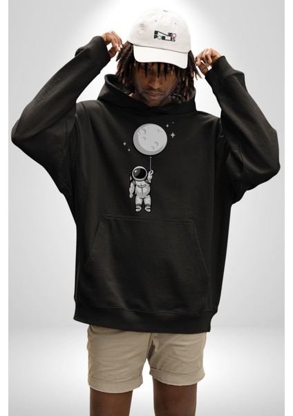 Astronot Ay Balon Kadın Erkek Siyah Kapüşonlu Sweatshirt Hoodie