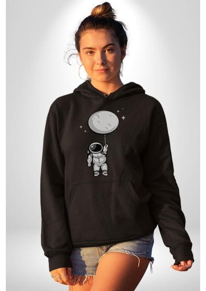 Astronot Ay Balon Kadın Erkek Siyah Kapüşonlu Sweatshirt Hoodie fiyatları