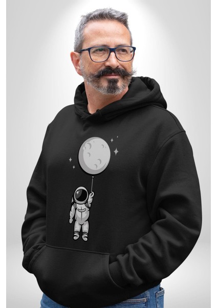 Astronot Ay Balon Kadın Erkek Siyah Kapüşonlu Sweatshirt Hoodie modelleri