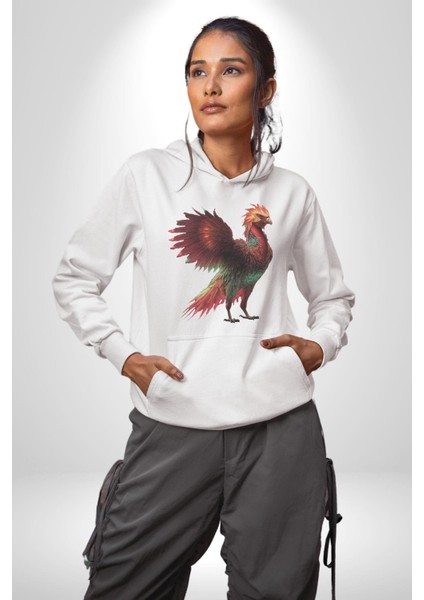 Anka Kuşu Ateş Kuşu Kadın Erkek Beyaz Kapüşonlu Sweatshirt Hoodie