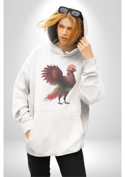 Anka Kuşu Ateş Kuşu Kadın Erkek Beyaz Kapüşonlu Sweatshirt Hoodie
