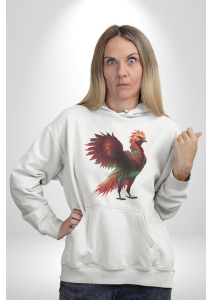 Anka Kuşu Ateş Kuşu Kadın Erkek Beyaz Kapüşonlu Sweatshirt Hoodie
