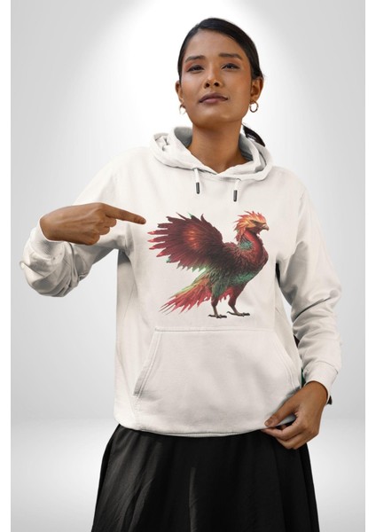 Anka Kuşu Ateş Kuşu Kadın Erkek Beyaz Kapüşonlu Sweatshirt Hoodie