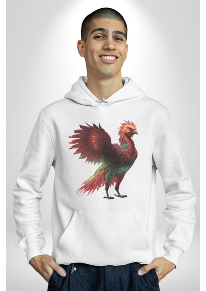 Anka Kuşu Ateş Kuşu Kadın Erkek Beyaz Kapüşonlu Sweatshirt Hoodie