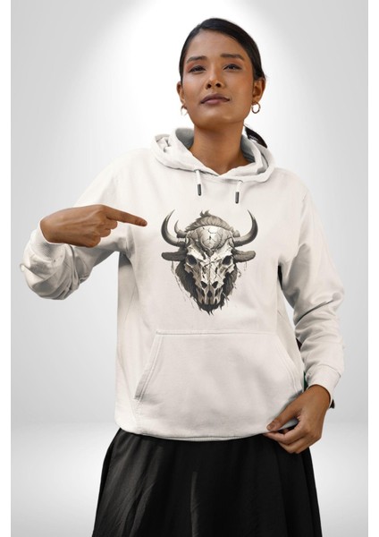 Bizon Inek Kafatası Kurumuş Kadın Erkek Beyaz Kapüşonlu Sweatshirt Hoodie