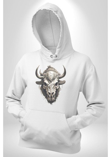 Bizon Inek Kafatası Kurumuş Kadın Erkek Beyaz Kapüşonlu Sweatshirt Hoodie fırsatları