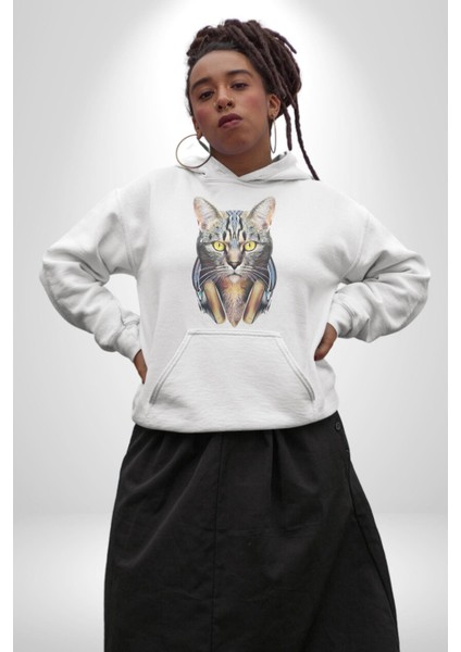 Kulaklık Kedi Kadın Erkek Beyaz Kapüşonlu Sweatshirt Hoodie