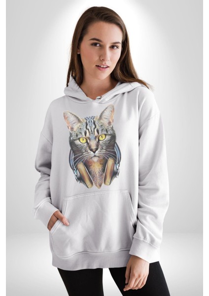 Kulaklık Kedi Kadın Erkek Beyaz Kapüşonlu Sweatshirt Hoodie modelleri