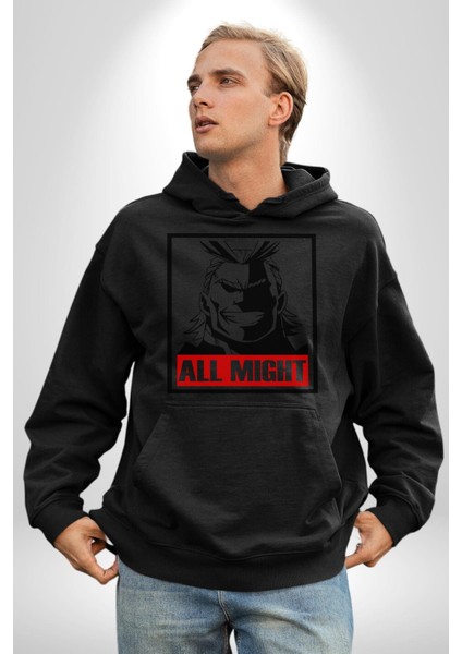 All Might Lahramanlık Akademim Anime Kadın Erkek Siyah Kapüşonlu Sweatshirt Hoodie