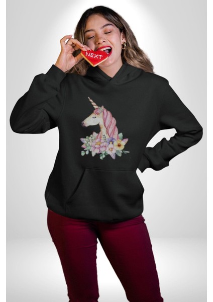 Unicorn Çiçek Kadın Erkek Siyah Kapüşonlu Sweatshirt Hoodie