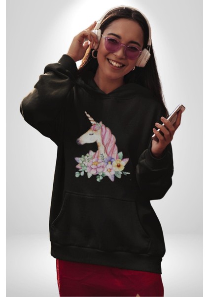 Unicorn Çiçek Kadın Erkek Siyah Kapüşonlu Sweatshirt Hoodie fiyatları