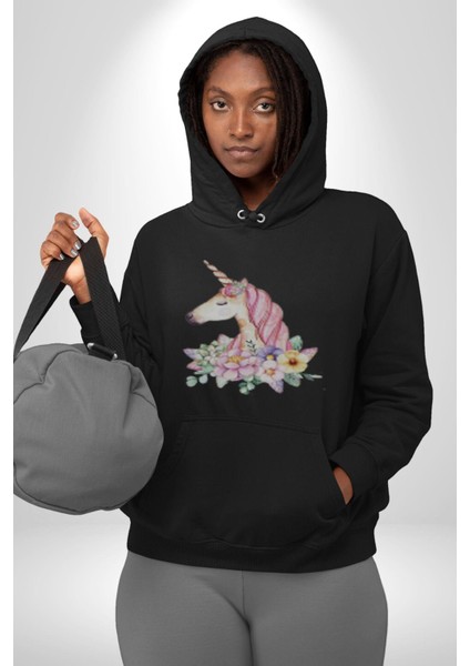 Unicorn Çiçek Kadın Erkek Siyah Kapüşonlu Sweatshirt Hoodie modelleri
