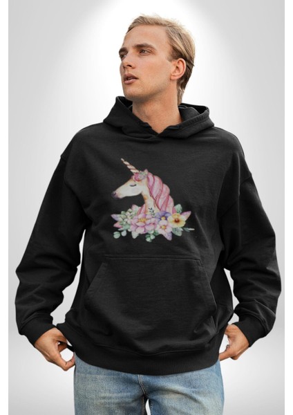 Unicorn Çiçek Kadın Erkek Siyah Kapüşonlu Sweatshirt Hoodie fırsatları