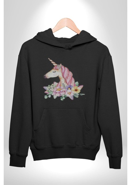 Unicorn Çiçek Kadın Erkek Siyah Kapüşonlu Sweatshirt Hoodie indirimleri