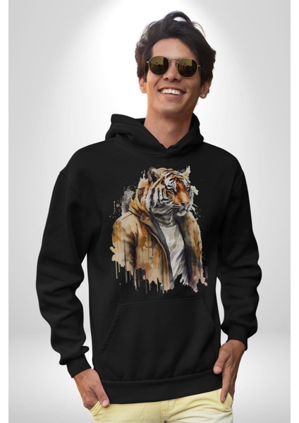 Cool Yakışıklı Kapüşonlu Spor Kaplan Kadın Erkek Siyah Kapüşonlu Sweatshirt Hoodie