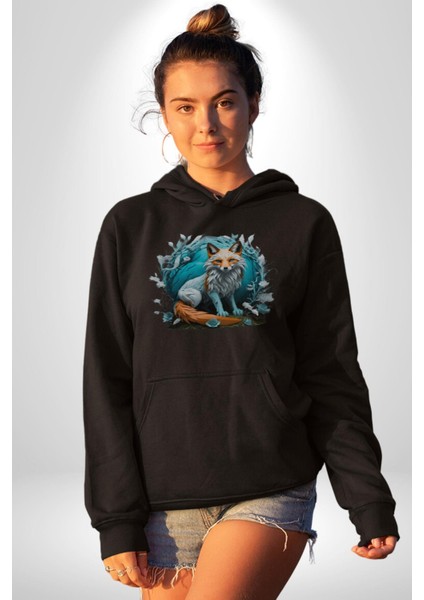Beyaz Kurt Altın Maske Doğa Kadın Erkek Siyah Kapüşonlu Sweatshirt Hoodie