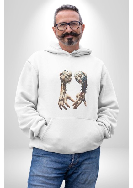Yüz Yüze Ellerin Uyumu Kadın Erkek Beyaz Kapüşonlu Sweatshirt Hoodie fiyatları