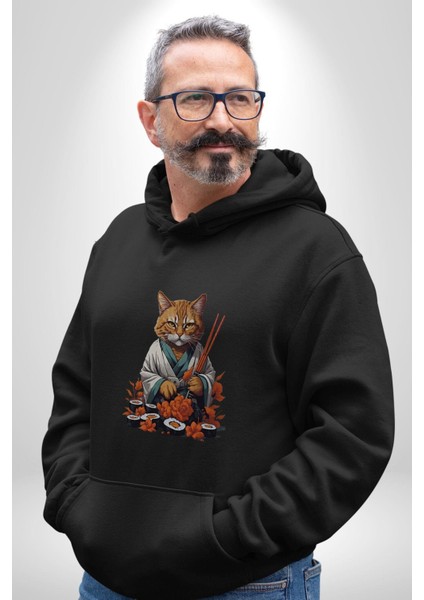 Suşi Balık Çiçek Japon Kedi Kadın Erkek Siyah Kapüşonlu Sweatshirt Hoodie modelleri