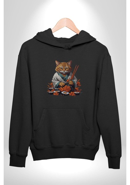 Suşi Balık Çiçek Japon Kedi Kadın Erkek Siyah Kapüşonlu Sweatshirt Hoodie indirimleri