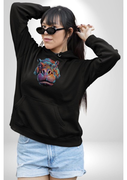 Su Aygırı Hipopotamo Renkli Kadın Erkek Siyah Kapüşonlu Sweatshirt Hoodie