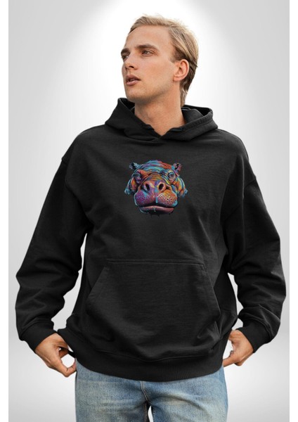 Su Aygırı Hipopotamo Renkli Kadın Erkek Siyah Kapüşonlu Sweatshirt Hoodie