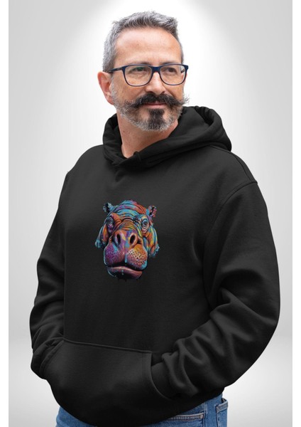 Su Aygırı Hipopotamo Renkli Kadın Erkek Siyah Kapüşonlu Sweatshirt Hoodie