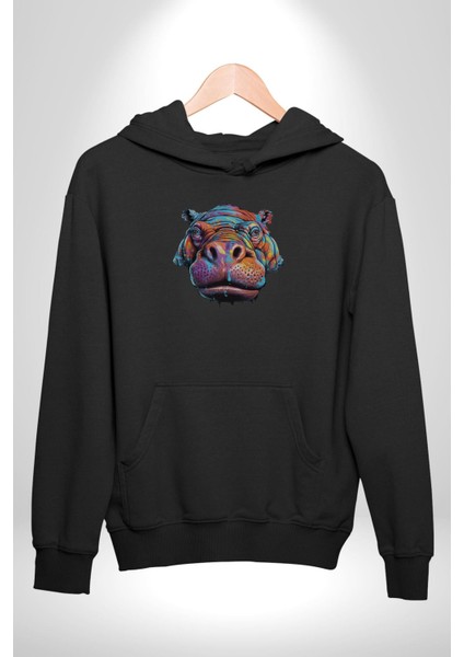 Su Aygırı Hipopotamo Renkli Kadın Erkek Siyah Kapüşonlu Sweatshirt Hoodie