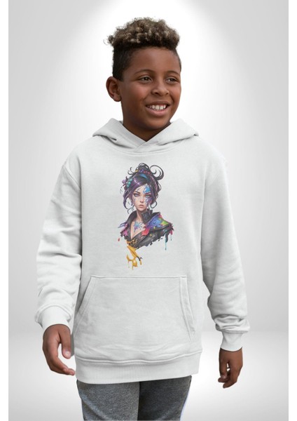 Süper Robot Kız Sulu Boya Kadın Erkek Beyaz Kapüşonlu Sweatshirt Hoodie modelleri