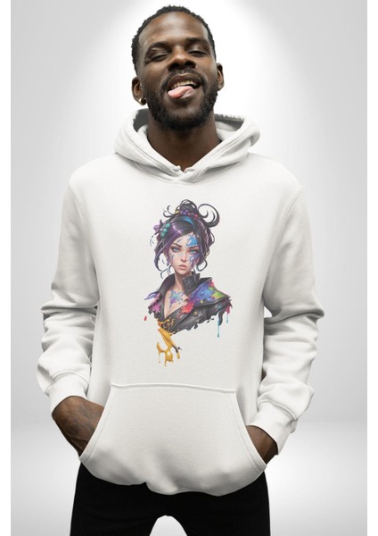 Süper Robot Kız Sulu Boya Kadın Erkek Beyaz Kapüşonlu Sweatshirt Hoodie fırsatları