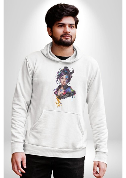 Süper Robot Kız Sulu Boya Kadın Erkek Beyaz Kapüşonlu Sweatshirt Hoodie indirimleri