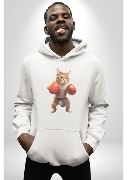 Boks Yapan Kedi Kadın Erkek Beyaz Kapüşonlu Sweatshirt Hoodie fırsatları