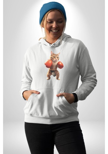 Boks Yapan Kedi Kadın Erkek Beyaz Kapüşonlu Sweatshirt Hoodie indirimleri