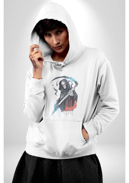 Azrail Ölüm Tanrısı Iskelet Kadın Erkek Beyaz Kapüşonlu Sweatshirt Hoodie