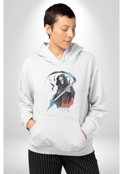 Azrail Ölüm Tanrısı Iskelet Kadın Erkek Beyaz Kapüşonlu Sweatshirt Hoodie fiyatları