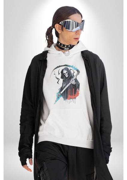 Azrail Ölüm Tanrısı Iskelet Kadın Erkek Beyaz Kapüşonlu Sweatshirt Hoodie fırsatları