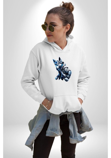 Mavi Beyaz Ateşli Kurt Kadın Erkek Beyaz Kapüşonlu Sweatshirt Hoodie fiyatları