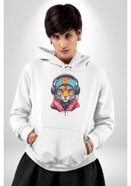 Kulaklık Kedi Leopar Bandana Kadın Erkek Beyaz Kapüşonlu Sweatshirt Hoodie