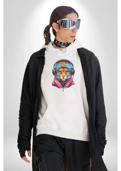Kulaklık Kedi Leopar Bandana Kadın Erkek Beyaz Kapüşonlu Sweatshirt Hoodie modelleri