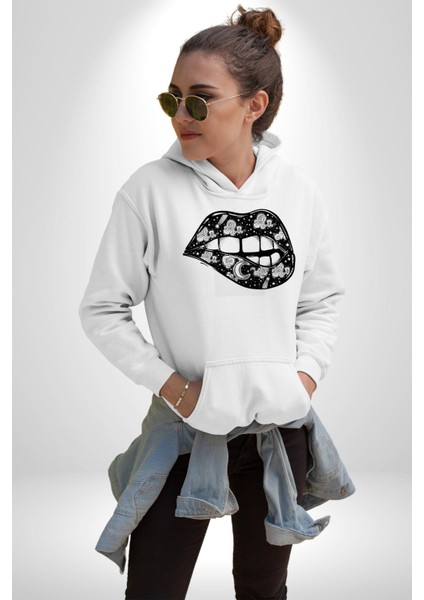 Ay Yıldız Dudak Bulut Dövme Kadın Erkek Beyaz Kapüşonlu Sweatshirt Hoodie
